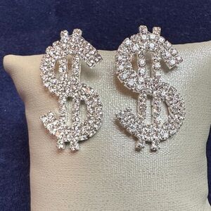 Sparkling Rhinestone Silver Dollar-Sign Earrings